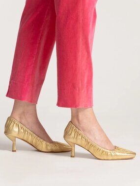 Frances Valentine Britta Ruched Metallic Gold Leather Pump 7.5 Glam Art Deco